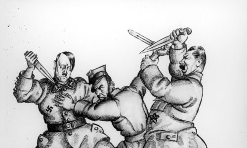 Fotokopia karykatury autorstwa Artura Szyka ukazująca Adolfa Hitlera i Józefa Stalina atakujących żołnierza polskiego. Fot. NAC/Czesław Datka