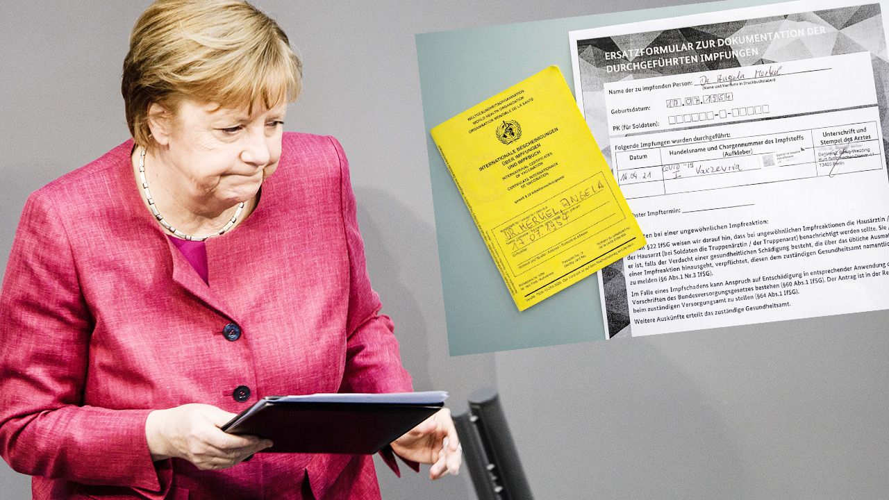 Angela Merkel już ze świadectwem szczepienia po pierwszej dawce AstraZeneki (fot. PAP/EPA/CLEMENS BILAN; TT)
