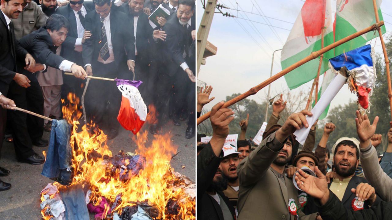 W Afganistanie i Pakistanie podczas protestów palono francuskie flagi (fot. PAP/EPA/REHAN KHAN/GHULAMULLAH HABIBI)