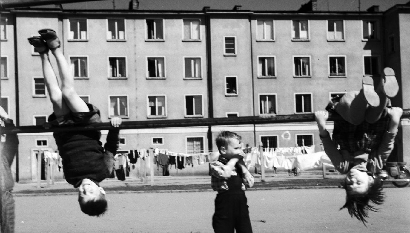 Children on a  carpet beating rack in Kołobrzeg, 1963. Photo: PAP/Mirosław Iringh
