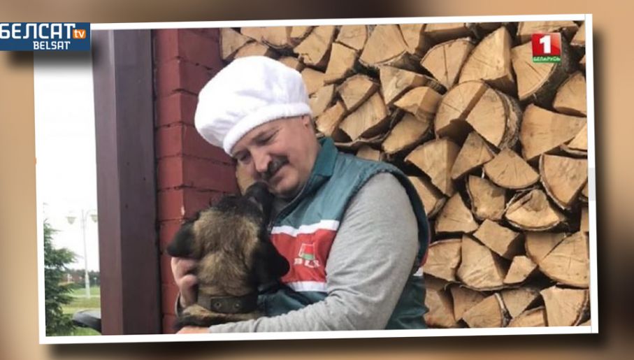 Białoruska telewizja pokazała też Łukaszenkę tulącego psa (fot. TV Biełsat)